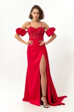 Lafaba Women's Red Underwire Corset Detailed Off the Shoulder Long Evening Dress.