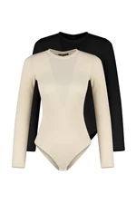 Trendyol Black-Beige 2-Pack Half Sleeves Knitted Body With Snap Button