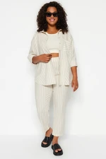 Trendyol Curve Beige Linen Look Striped Woven Trousers