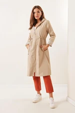By Saygı Folded Sleeves Stripe, Waist Pleated Lined, Hooded Trench Coat. By Saygı Folded Sleeves Stripe, Waist Pleated Lined, Hooded Trench Coat.
