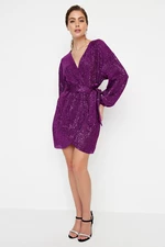 Trendyol Purple Belted Sequin Evening Dress