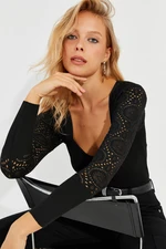 Cool & Sexy Women's Black Heart Neck Openwork Knitwear Blouse