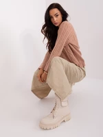 Dark beige women's sweater with cable ties