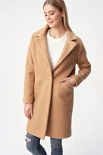 By Saygı One Button with Pockets, Lined Boucle Coat Camel