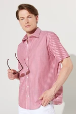 AC&Co / Altınyıldız Classics Men's Claret Red-White Comfort Fit Comfy Cut, Classic Collar 100% Cotton Striped Shirt.