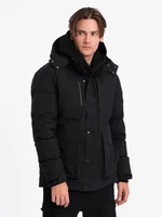 Ombre Men's winter jacket with detachable hood and cargo pockets - black