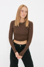 Trendyol Brown Crew Neck With Shirring Details on the Sides Ribbed Flexible Crop Knitted Blouse
