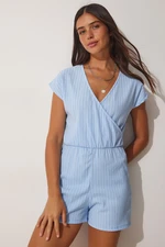 Happiness İstanbul Women's Sky Blue Knitted Jumpsuit with Wrapover Collar