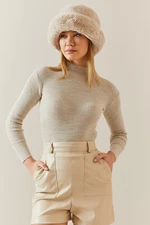 XHAN Beige Ribbed Half Turtleneck Sweater