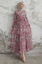 InStyle Liviza Pattern Chiffon Dress With Tassel Detail - Dried Rose