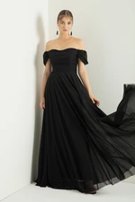 Lafaba Women's Black Boat Collar Draped Long Glittery Evening Dress with a Slit. Lafaba Women's Black Boat Collar Draped Long Glittery Evening Dress with a Slit.