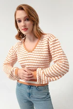 Lafaba Women's Salmon V-Neck Exterior Pattern Knitwear Sweater