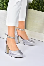 Fox Shoes Silver Satin Fabric Thick Platform Heels Women's Shoes
