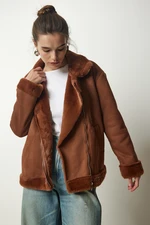 Happiness İstanbul Women's Brown Shearling Nubuck Coat