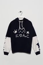 zepkids Girls' Navy Blue Color Cat Printed Kangaroo Pocket Sweatshirt.