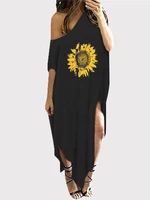 Sunflower Print Off Shoulder Side Split Loose Maxi Dress