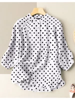 Dot Print Stand Collar Button 3/4 Sleeve Blouse For Women