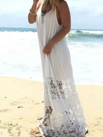 Women White Strap Lace Crochet Patchwork Beach Maxi Dress