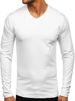 Bílé pánské tričko s dlouhým rukávem bez potisku s výstřihem do V Bolf 172008