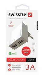 SWISSTEN SÍŤOVÝ ADAPTÉR SMART IC, CE 2x USB 3A POWER BÍLÝ + DATOVÝ KABEL SWISSTEN USB / MICRO USB 1,2m, bílý