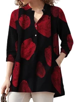 100% Cotton Plus Size V-Neck Floral Casual Button Cuffs Thin Blouse for women