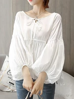 Solid Knotted Ruched Puff Sleeve Casual Blouse
