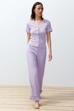 Trendyol Lilac Frill Detailed Corded Knitted Pajamas Set