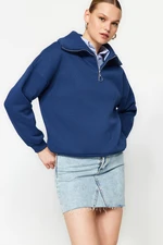 Trendyol Indigo Zipper Stand-Up Collar Thick Fleece Inside Regular Fit Knitted Sweatshirt