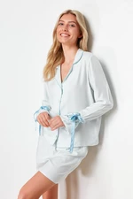 Trendyol Blue Lacing and Piping Detailed Viscose Woven Pajamas Set