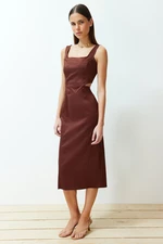 Trendyol Brown Wrap-around Cut Out Detail Square Neck Woven Midi Dress