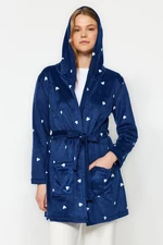 Trendyol Navy Blue Belted Heart Patterned Pocket and Hood Detailed Fleece Knitted Dressing Gown