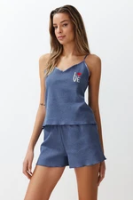 Trendyol Blue Cotton Textured Embroidered Rope Strap Knitted Pajama Set