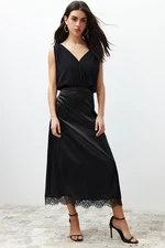 Trendyol Black Satin Skirt with Lace Detail Midi Woven Skirt