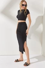 Olalook Women's Black Short Sleeve Lycra Set with a Slit and Skirt