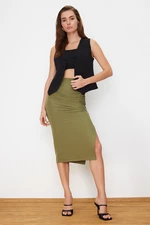 Trendyol Light Khaki Gathered Slit Detail Pencil Fit Midi Woven Skirt