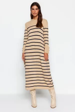 Trendyol Stone Sleeves Button Detailed Striped Knitwear Dress