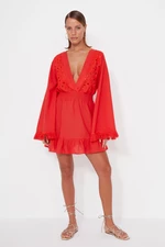Trendyol Czerwona Mini Tkana Koronkowa Sukienka Plażowa 100% Bawełna