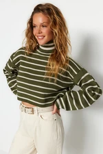 Trendyol Khaki Crop Sweter z dzianiny w paski