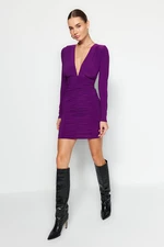 Trendyol fialové přehozené výstřih do V / spací elastické mini pletené šaty