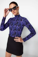 Trendyol Purple Printed Fitted/Situated High Neck Long Sleeve Crepe/Textured Knitted Blouse
