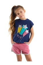 Mushi Starry Cat Girl Kids' Navy Blue T-Shirt with Pink Shorts Set.