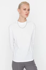 Trendyol White 100% Cotton Rib Detailed Standing Collar Basic Knitted T-Shirt