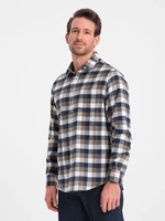 Ombre Classic men's flannel check cotton shirt - brown and navy blue