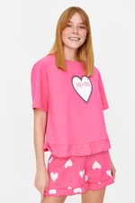 Trendyol Růžové 100% Bavlněné Tričko se Srdcovým Vzorem a Volánkovým Detaily-Krátké Pletené Pyžamo