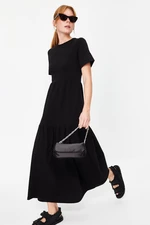 Trendyol Black Gathered Skirt Ruffle Maxi Short Sleeve Crew Neck Knitted Dress