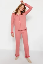 Trendyol Dried Rose 100% Cotton Ruffled Pile Shirt-Pants Knitted Pajamas Set