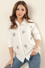 By Saygı Sequins Embroidered Eye Pattern Crepe Linen Shirt Cream