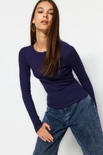 Trendyol Navy Blue Ribbed Crew Neck Fitted Cotton Stretch Knitted Blouse