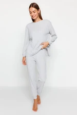 Trendyol Gray Cotton Ribbed Wide Pattern Knitted Pajama Set