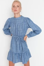 Trendyol Navy Blue Belted Woven Plaid Woven Dress